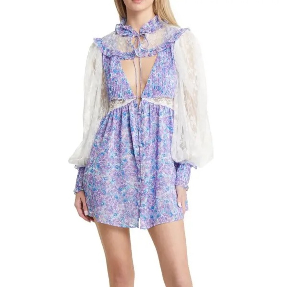 For Love & Lemons April Floral Long Sleeve Minidress in Purple Size xl